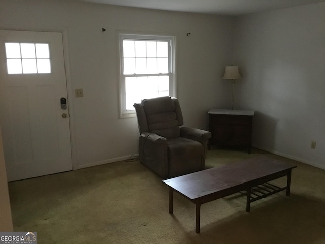 living area featuring light carpet