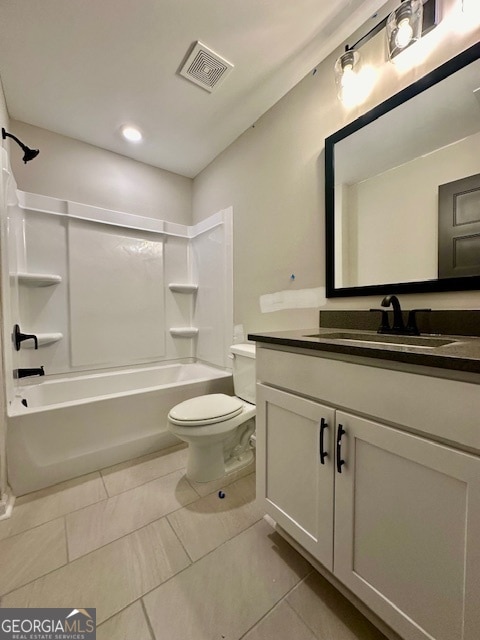 full bathroom with vanity, shower / bathing tub combination, toilet, and tile patterned floors