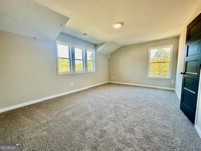 additional living space with baseboards, carpet floors, and vaulted ceiling