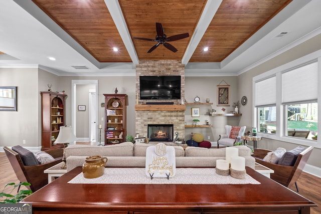 living room featuring a fireplace, wood-type flooring, ceiling fan, and wood ceiling