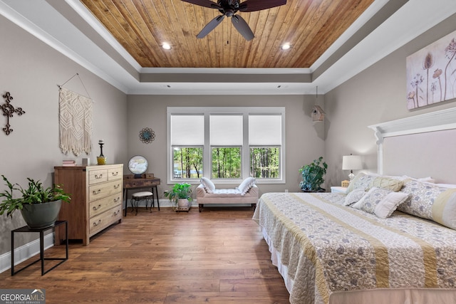 bedroom featuring ceiling fan, dark hardwood / wood-style flooring, wooden ceiling, and a tray ceiling