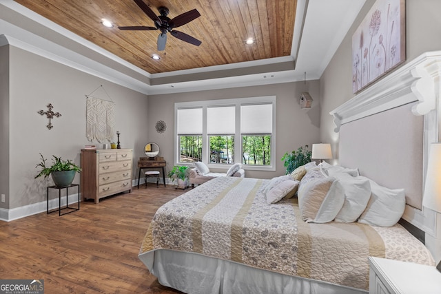 bedroom with a tray ceiling, ceiling fan, wooden ceiling, and hardwood / wood-style flooring