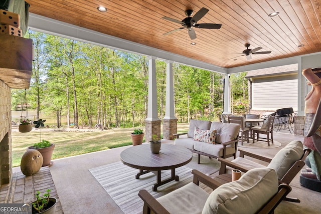 view of patio / terrace featuring ceiling fan and an outdoor hangout area