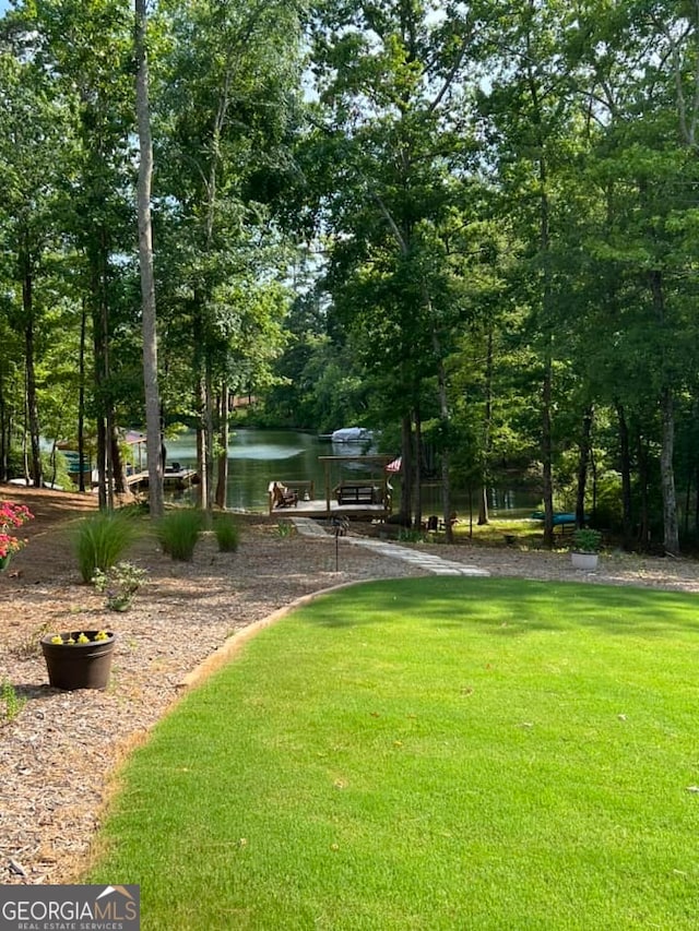 view of home's community with a lawn and a water view