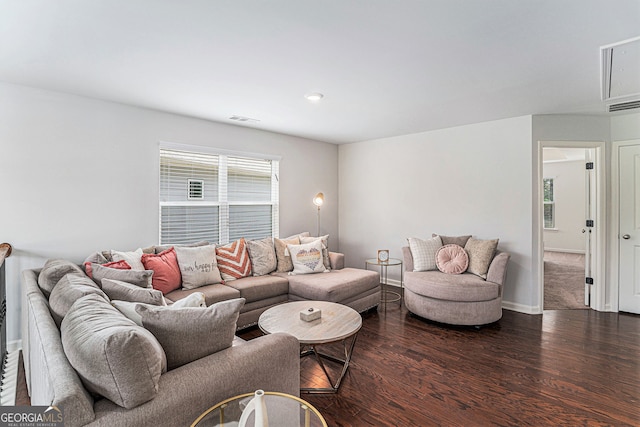 living room featuring dark wood-type flooring