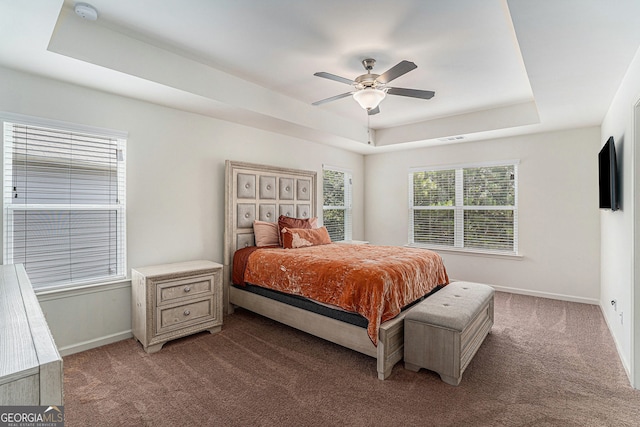 carpeted bedroom featuring a tray ceiling and ceiling fan