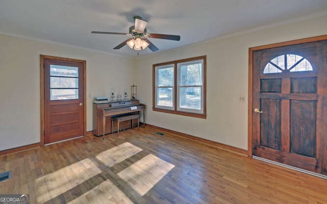 entryway featuring crown molding, plenty of natural light, and wood-type flooring