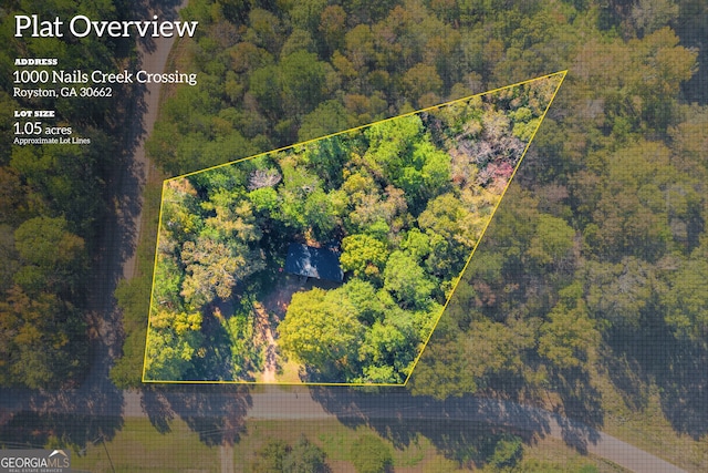 1000 Nails Creek Xing, Royston, GA 30662 - aerial view of property and surrounding area with a heavily wooded area and property parcel outlined