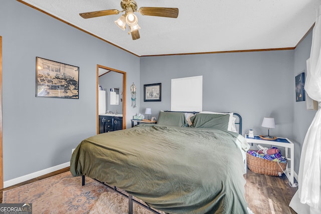 bedroom with ornamental molding, hardwood / wood-style floors, a textured ceiling, and ceiling fan