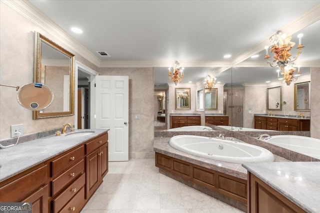 bathroom with a bath, two vanities, a sink, and visible vents