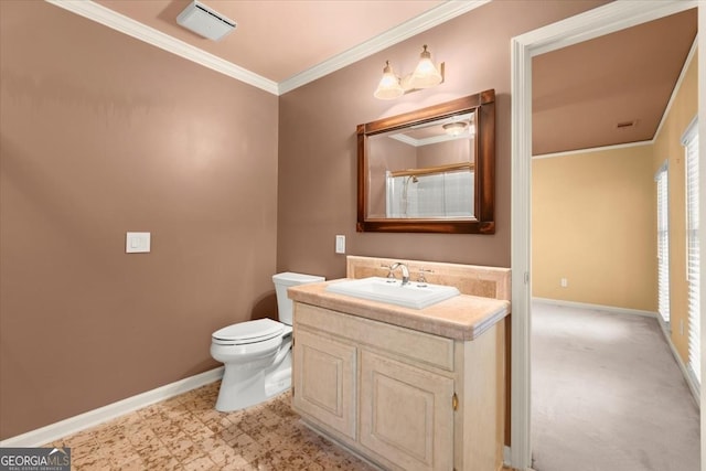 bathroom with a shower, toilet, ornamental molding, vanity, and baseboards