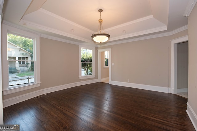 unfurnished room featuring crown molding, dark hardwood / wood-style floors, a healthy amount of sunlight, and a tray ceiling