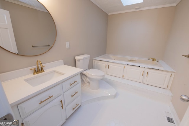 bathroom with toilet, a skylight, a bath, vanity, and crown molding