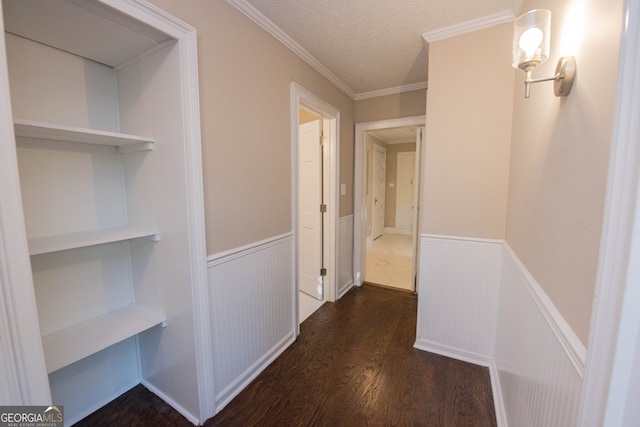 hall with crown molding, a textured ceiling, and dark hardwood / wood-style flooring