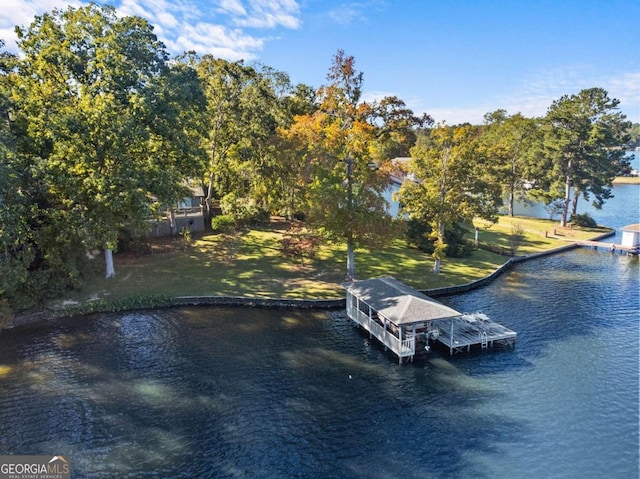 dock area featuring a lawn and a water view