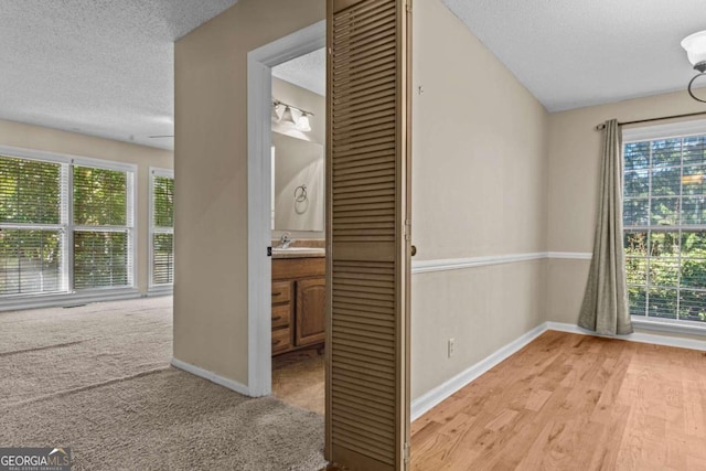 interior space featuring a sink, baseboards, plenty of natural light, and a textured ceiling