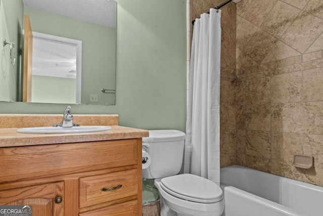 full bathroom with toilet, shower / tub combo with curtain, and vanity