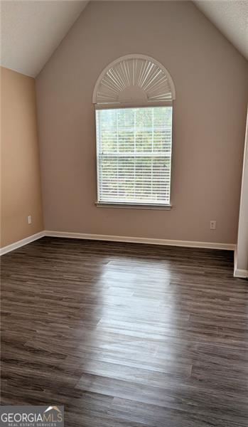 unfurnished room featuring vaulted ceiling and dark hardwood / wood-style floors