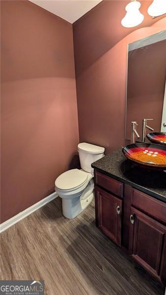 bathroom with vanity, hardwood / wood-style flooring, and toilet