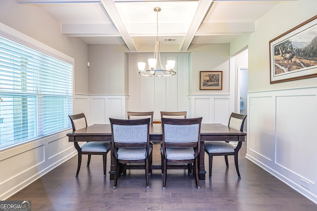 dining space with beamed ceiling, coffered ceiling, an inviting chandelier, and dark hardwood / wood-style flooring