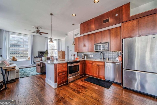 kitchen with dark hardwood / wood-style floors, kitchen peninsula, sink, appliances with stainless steel finishes, and ceiling fan