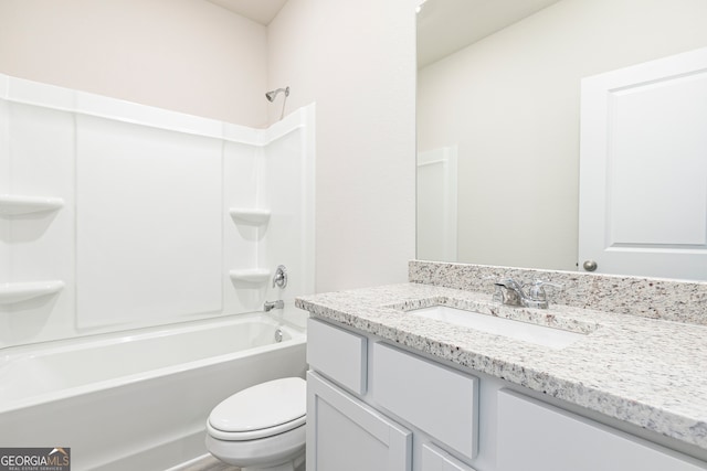 full bathroom featuring vanity, toilet, and  shower combination