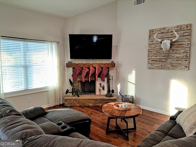 living room with a fireplace, lofted ceiling, and hardwood / wood-style flooring