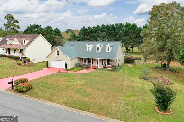 cape cod-style house featuring a garage, a front yard, and a porch