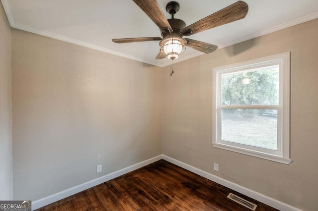 unfurnished room with dark wood-type flooring, ceiling fan, and ornamental molding