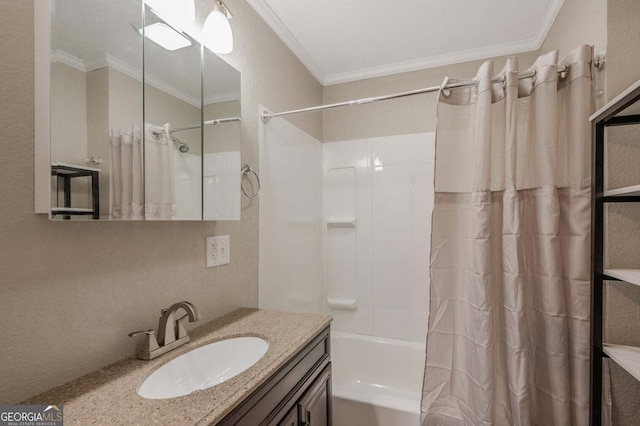 bathroom with vanity, crown molding, and shower / bathtub combination with curtain