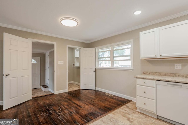 kitchen featuring white cabinets, dishwasher, ornamental molding, light hardwood / wood-style floors, and light stone counters