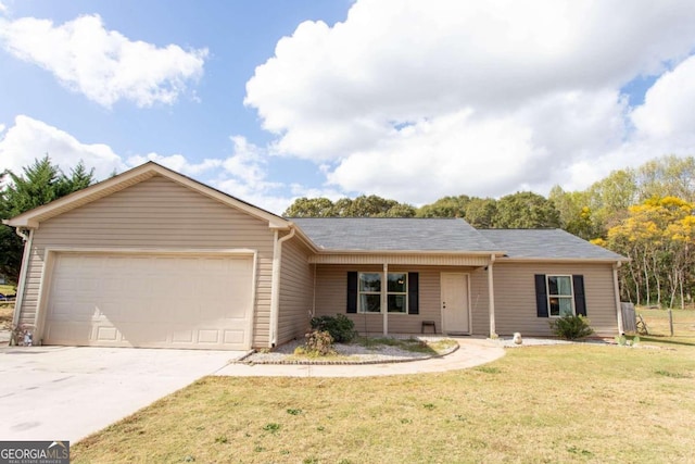 single story home featuring a garage and a front lawn