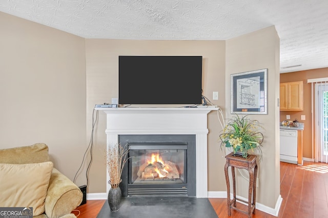 room details with hardwood / wood-style floors, a textured ceiling, and white dishwasher