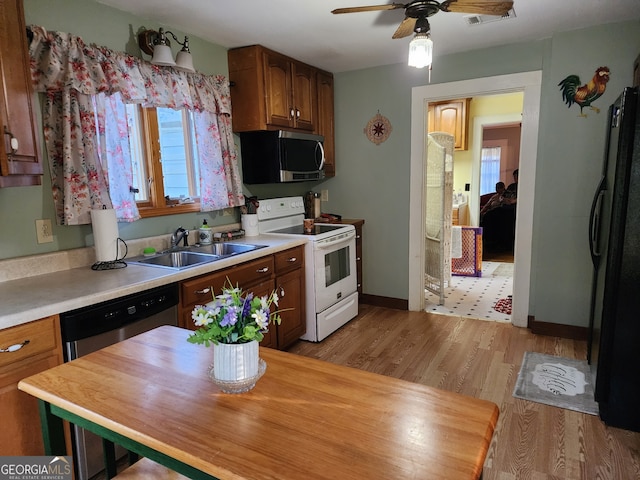 kitchen featuring sink, stainless steel appliances, light hardwood / wood-style floors, and ceiling fan