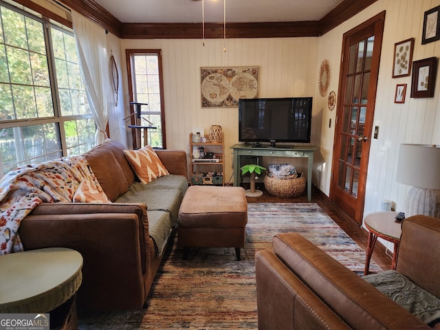 living room featuring wood walls, ornamental molding, and dark hardwood / wood-style floors