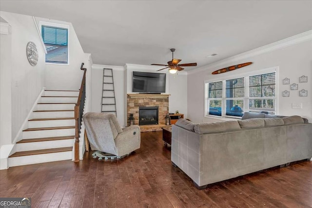 living room with ornamental molding, dark hardwood / wood-style floors, a fireplace, and ceiling fan