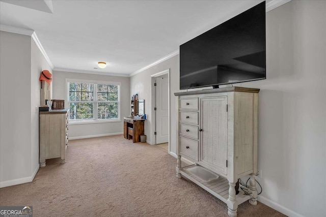 interior space featuring ornamental molding and light carpet