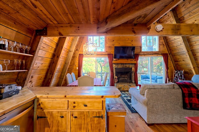 living room featuring light hardwood / wood-style flooring, wood ceiling, a fireplace, and lofted ceiling with beams