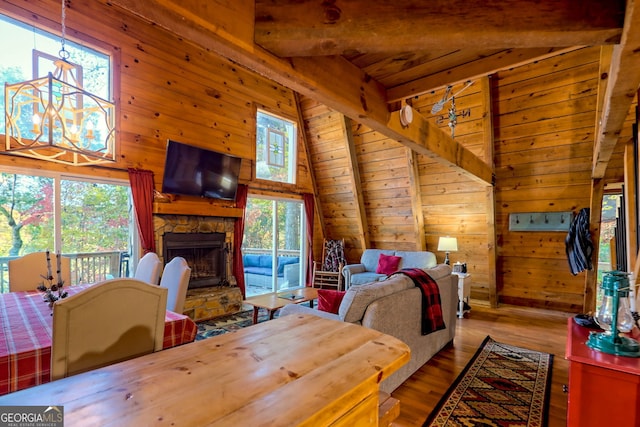 interior space featuring wood ceiling, wood walls, wood-type flooring, and vaulted ceiling with beams