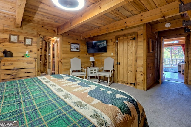 carpeted bedroom featuring wood ceiling, wood walls, access to exterior, and beamed ceiling