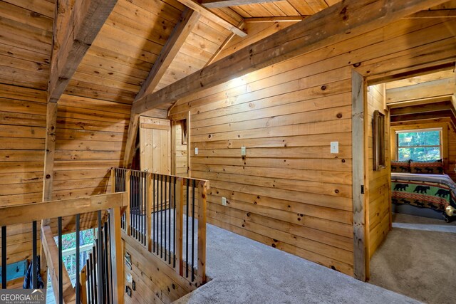 corridor featuring wood ceiling, wood walls, and carpet flooring