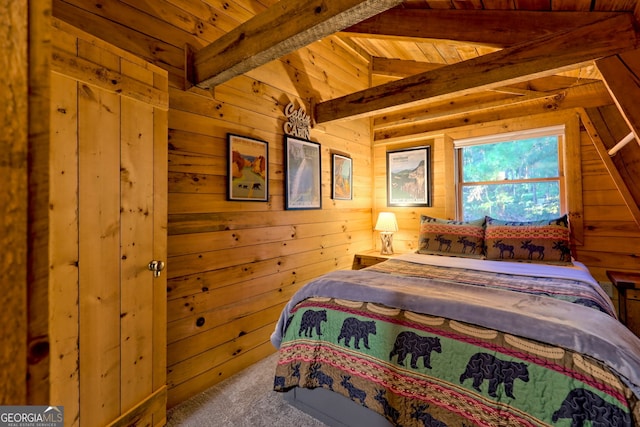 carpeted bedroom with vaulted ceiling with beams, wood ceiling, and wooden walls