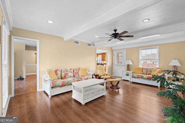 living room featuring dark wood-type flooring, ceiling fan, ornamental molding, and beam ceiling