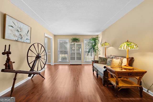 living area featuring hardwood / wood-style floors and a textured ceiling