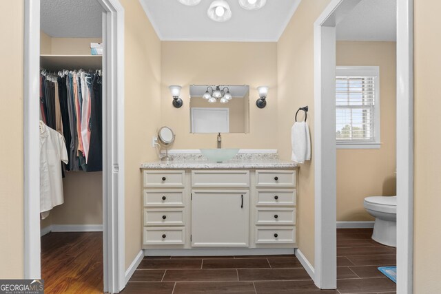 402 Brannen Dr, Statesboro, GA 30458 - bathroom featuring wood finish floors, vanity, baseboards, toilet, and a walk in closet