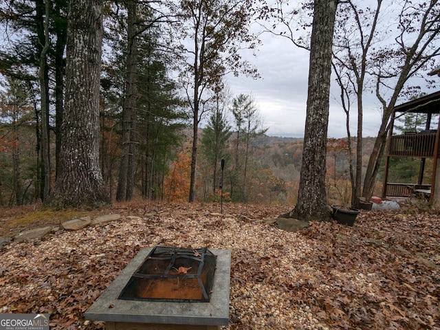 view of yard with a forest view