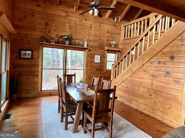 dining area featuring wood ceiling, wooden walls, and light hardwood / wood-style floors