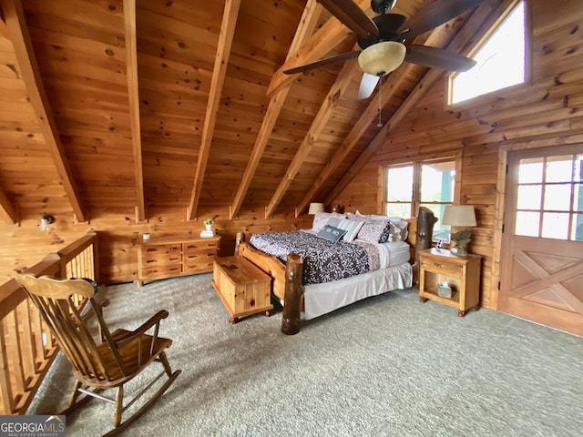 bedroom featuring multiple windows, vaulted ceiling with beams, wood ceiling, and ceiling fan