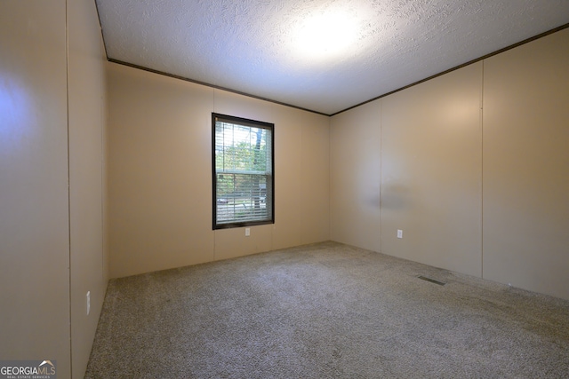 unfurnished room with a textured ceiling and carpet floors