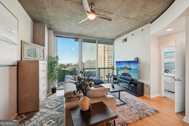 living room with ceiling fan and hardwood / wood-style flooring